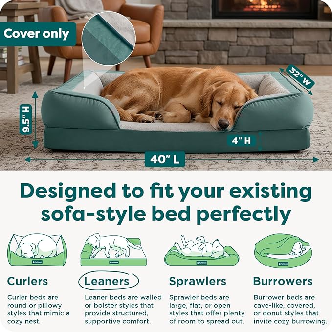 FurHaven Dog Bed Cover Replacement, Sofa-Style Design with Soft, Breathable Fabric for Cozy Comfort, Machine Washable, Jumbo XL, Plush & Velvet Waves, Celadon Green