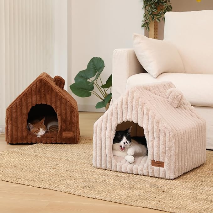 FUKUMARU Cat Houses for Indoor Cats, Washable Cute Cat Bed Cave with Removable Pillow, Large Semi-Enclosed Cozy Dog House Indoor, Soft Faux Rabbit Fur Kitten Bed, 17.5-Inch Cat Hideaway, Pink Grey