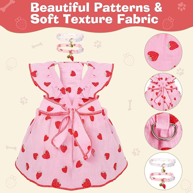 2-Piecs Cotton Detachable Pet Cat Dog Collar with Strawberry Pendant and Bell + 1-Piece Small Dog Cat Dress, Girl's Cat Costume, Cute Bow-Decorated Outfit, Strawberry Print Pet Birthday Set (Small)