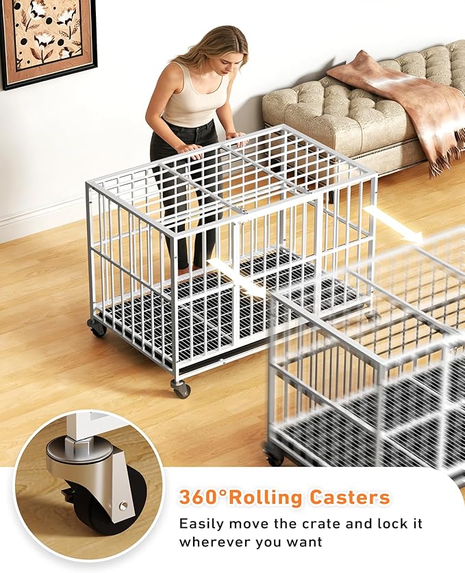 White 48 Inch Heavy Duty Dog Crate with Double Doors and Lockable Wheels, Large Dog Kennel Indoor, Removable Tray for Easy Cleaning, Dog Cage for Medium to Large Breeds and High Anxious Dogs