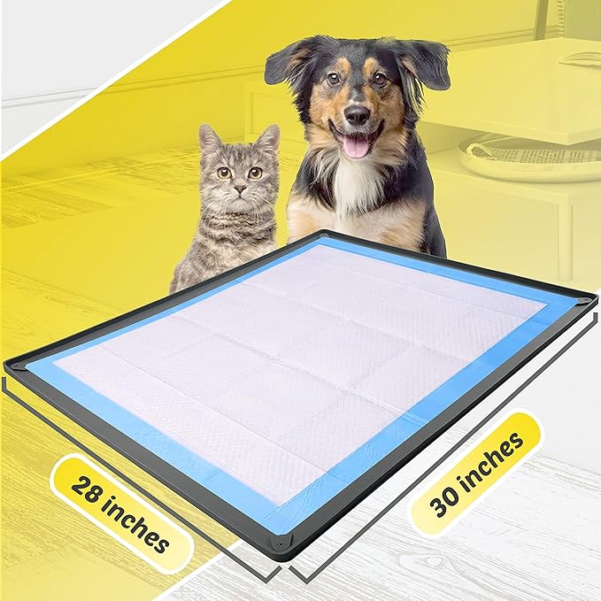 TidyFriend Puppy Pad Holder Tray Fits for 28” x 30” Pee Pads with Corner Lock Holes, Raised Edges, Non-Spill, Easy to Clean Silicone Puppy Potty Tray Holder, for Indoor Floor Protection (Grey)