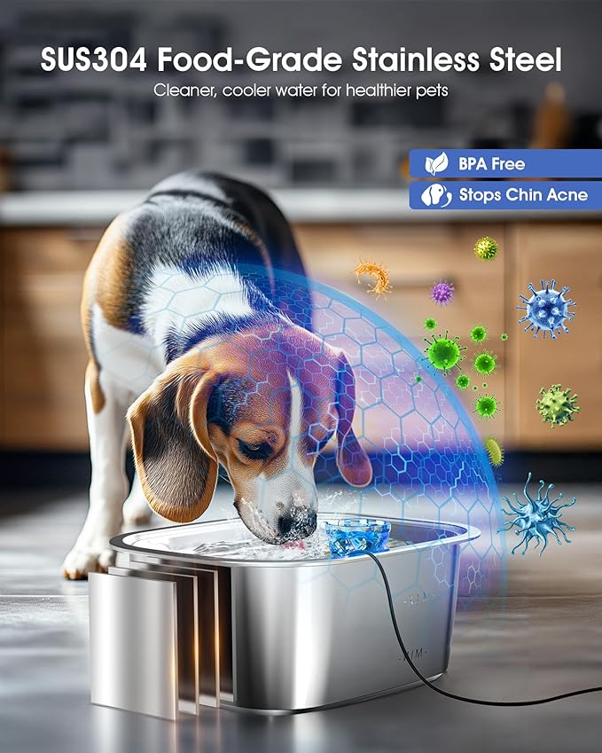 PETNF 3-Gallon Stainless Steel Dog Water Fountain for Large Dogs, Dog Water Bowl Dispenser with 4 Filters, Visible Water Window, Quiet Pump & LED Low-Water Indicator