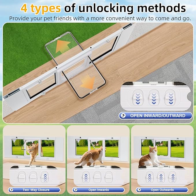 Full Size Cat Door Window Insert 27"-32" Various Sliding Windows, 4 Flexible Locking Modes, High-Definition, high-Transparency cat Door for Windows, Magnetic Reset Design