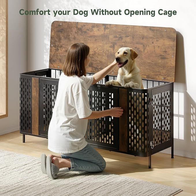 ONBRILL 71” Large Dog Crate Furniture for 1 or 2 Dogs,Large Double Dog Cage with Removable Divider,Heavy Duty Wooden Dog Crate As TV Stand with Steel Frame,Brown