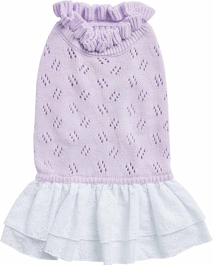 Blueberry Pet My Cutie Princess Ruffle Collar Dog Sweater Dress with Guipure Lace, Light Lavender, Back Length 12", Fall Winter Clothes for Girl Dogs