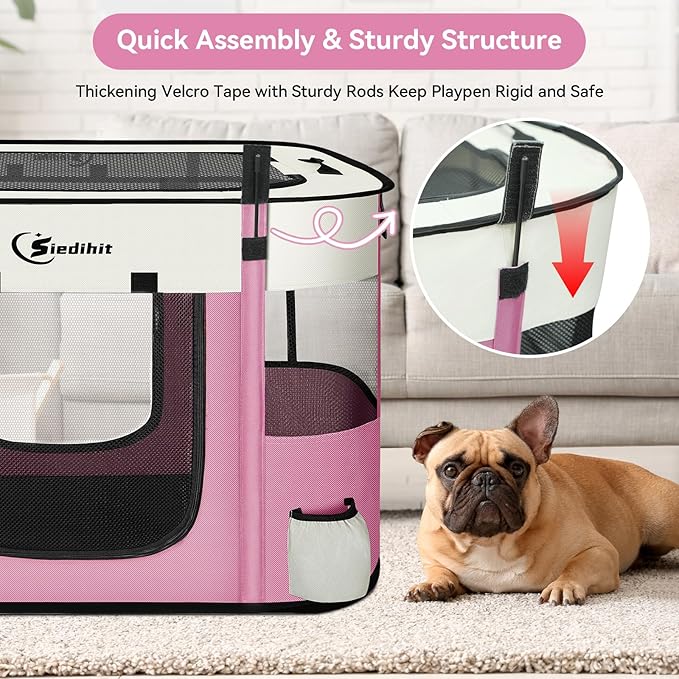 Dog Playpen,Cat Pet Puppy Pen,Portable Playpens for Dogs Indoor Outdoor Travel Camping Use,Foldable Dog Kennel Tent Crate for Rabbit Small Animals with Carrying Case (Pink, Large)
