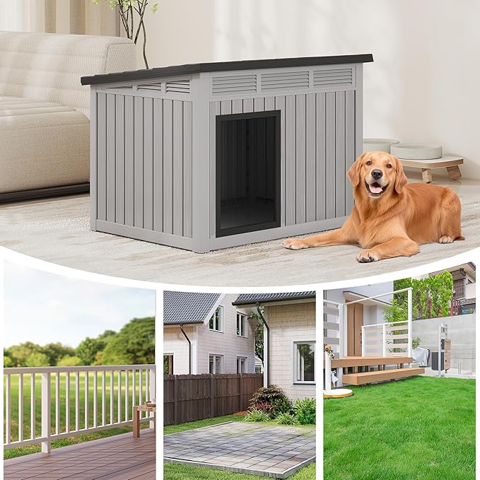 Fancyango Large Weatherproof Dog House with Removable Roof for Indoor & Outdoor Use - Spacious (42.8" L x 33" W x 31.5" H) Classic Grey