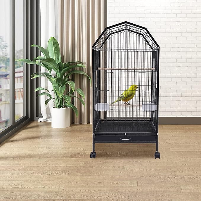 40 Inch Play Open Top Big Bird Cage with Food & Water Bowls Parakeet Bird Cage with Stand, Wheels Metal Birdcage Parrot Cage for Parakeet, Lovebirds, Ringneck, Cockatiels (Black, Open Top)
