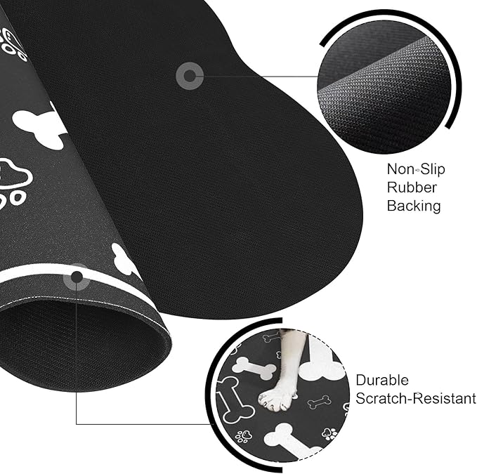 Dog Cat Food Mat,Rapid Absorbent Pet Feeding Mat, Bone Shaped Dog Placemat Water Bowl Mat with Rubber Backing,No Stains Dog Cat Food Mats Indoor, Pet Accessories Supplies 23"x36" Black