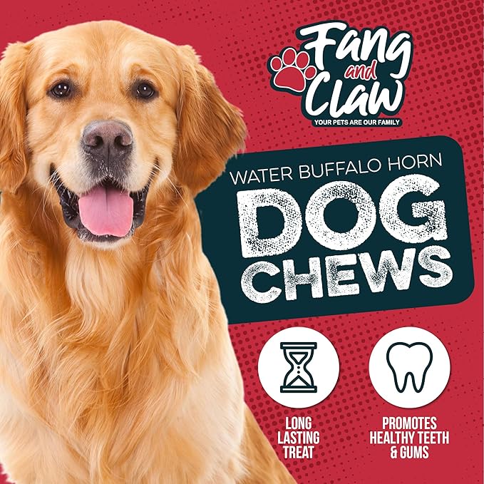 Water Buffalo Horn Dog Chew 4 Pack (Medium 6 Inch), Long-Lasting Natural Chews for Aggressive Chewers, Single-Ingredient, No Rawhide