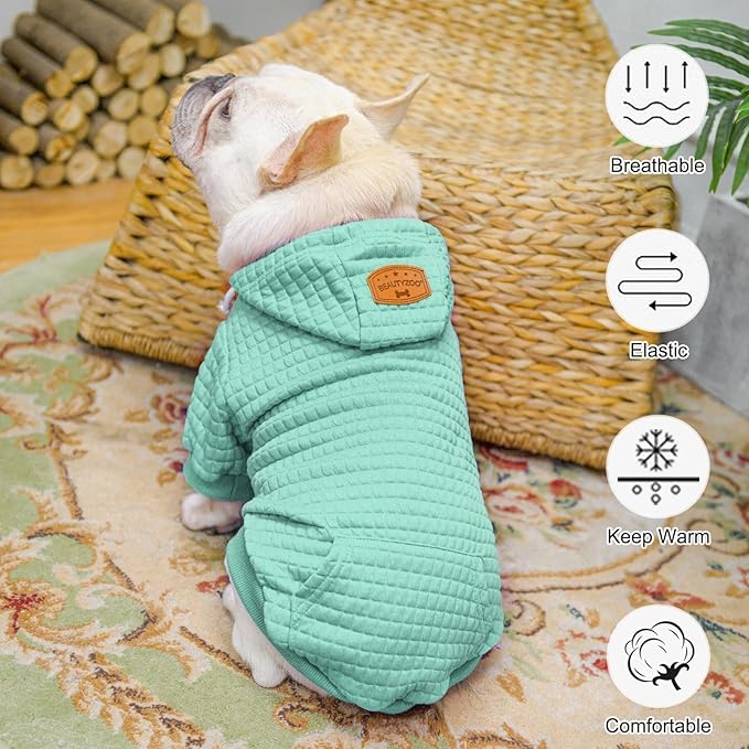 BEAUTYZOO Small Dog Hoodie Sweater with Pockets, Dog Clothes for Small Medium Dogs Boy Girl, Waffle-Like Laminated Cotton Pet Coats with Hat and Leash Hole, Mint Green ML