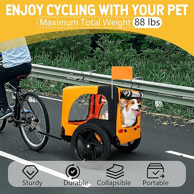 Heavy-Duty Dog Bike Trailer & Collapsible Pet Carrier for Bike with 16-Inch All-Terrain Wheels, Universal Hitch, Safety Flag & Weather-Resistant Design for Outdoor Adventures
