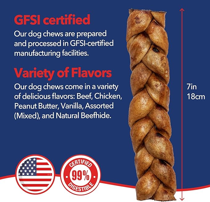 Pet Factory 7in Braided Beefhide Dog Chew Sticks with Peanut Butter Flavor - 100% USA Made Rawhide Chews for Medium Dogs, Long Lasting Dental Health, 7 inches (), 6 Count (Pack of 2)