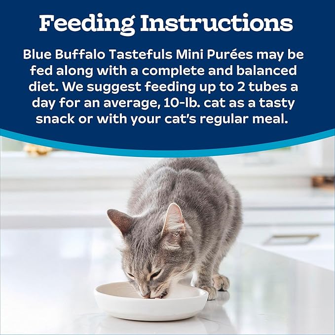 Blue Buffalo Tastefuls Mini Purées, Adult Cat Natural Single-Serving Snack, 4-Count Variety Pack Chicken and Tuna, 0.5 oz. (Pack of 1)