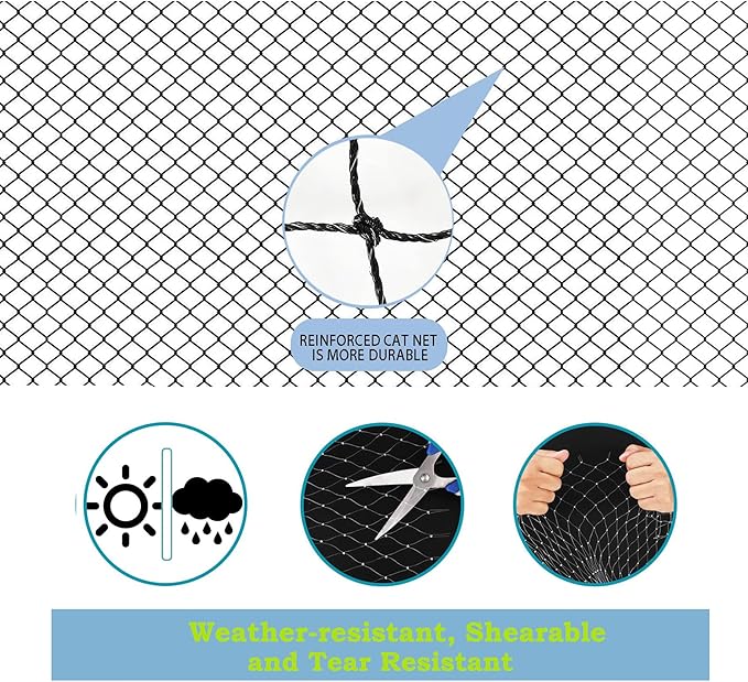 Cat Netting Balcony, Wire-reinforced Cat Net, Bite and Tear-resistant, UV and Weather-resistant, Balcony Cat Anti-Fall Netting for Pets, Cat Protection Net for Windows Patio Balcony - 10x26ft/3x8m