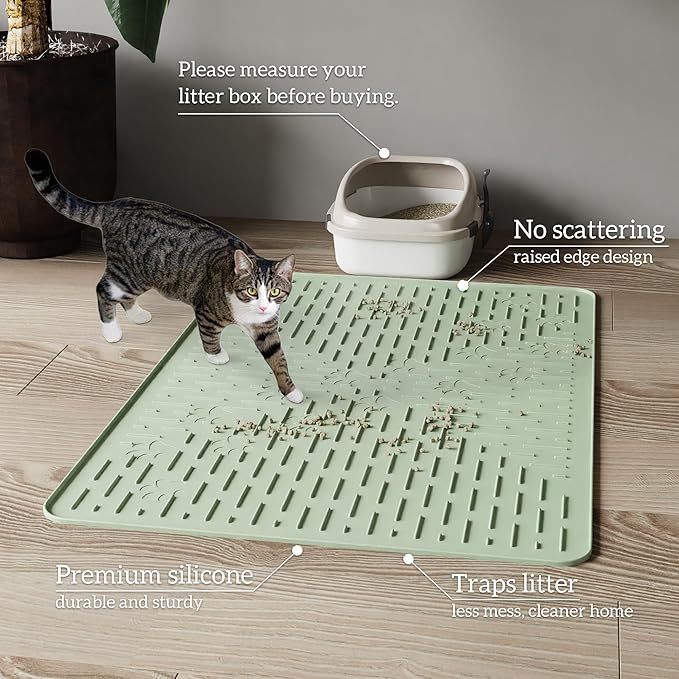 Cat Litter Mat Large Trapping Mat Premium Silicone Rubber 23.5x16 Sage Green, Waterproof and BPA Free Kitty Litter Box Mat, Easy to Clean and Keeps the Floor Tidy