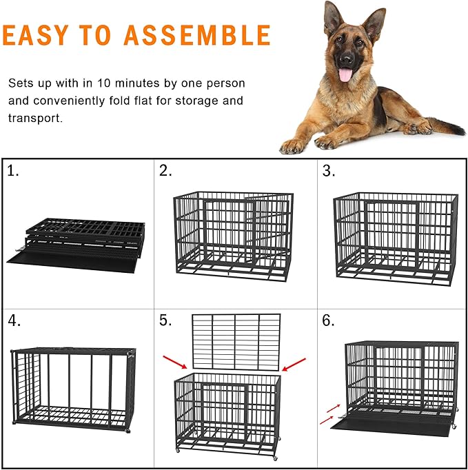 38 Inch Heavy Duty Dog Crate Cage with Wheels, Indestructible and Escape Proof Steel Kennel Indoor for High Anxiety Dogs with Sturdy Locks, Double Door and Tray, Extra Large XL XXL
