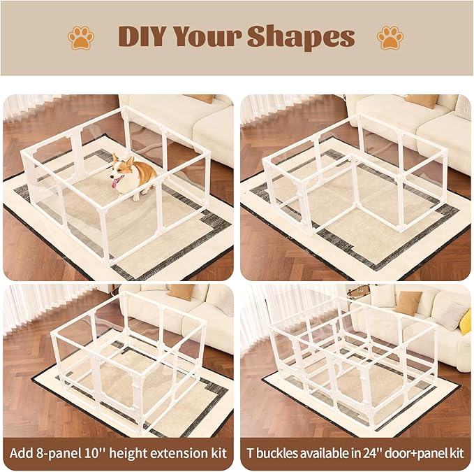FlexiSpace Customizable Height & Space Clear Acrylic Dog playpen Indoor, The ONLY Play Pen That Grows with Your Pets (White 24”H, 8 Panels)