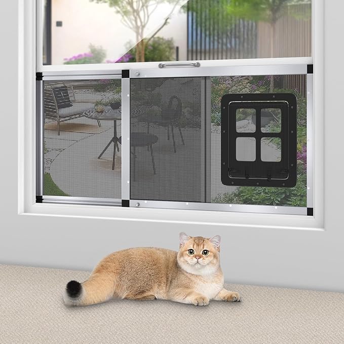 Ventilated Pet Door for Window 32"-38" Wide Adjustable, Silver Aluminum Frame + Stainless Steel Mesh | Breathable Bug-Proof | 4-Way Lock Magnetic Closure Cat Window Door,Cat Door for Window Insert
