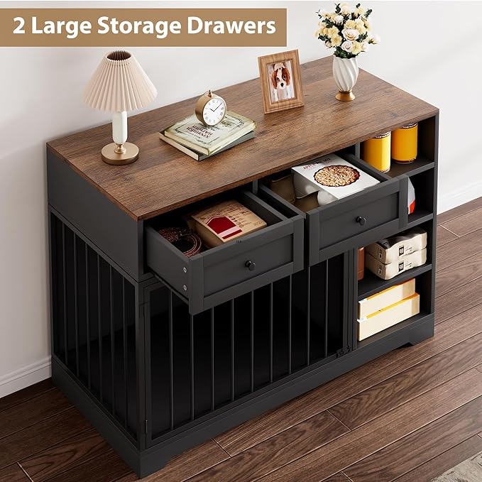 GAOMON 47 Inch Large Dog Crate, Dog Kennel Indoor with 2 Drawers and 4 Shelves, Dog Crate Furniture TV Stand, Wooden Dog Cage for Medium Large Dogs, Decorative Pet House, Black