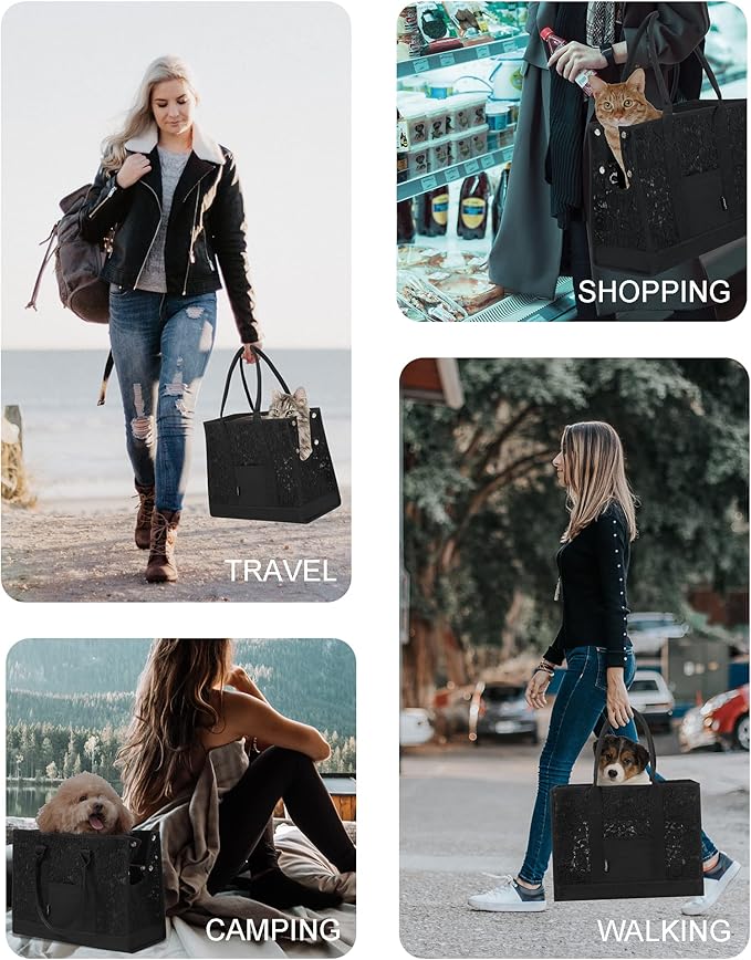 Black Dog Carrier Purse Lace Pet Dog Cat Carrier Tote Bags Fits Small Medium Dogs Puppy for Travel Hiking Walking with Lace Anti-Grab Net & PP Pad