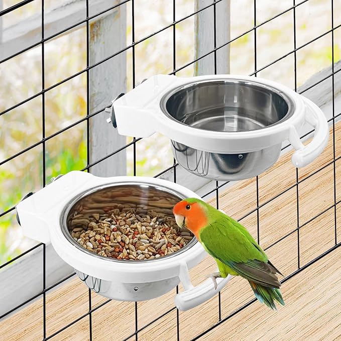 BNOSDM Hanging Stainless Steel Bird Bowls 4 PCS Bird Feeding Dish Cups with Perch Stand Parrot Food Container Food and Water Bowls with Spoon for Budgie Cockatoo Finch Lovebirds Pigeons (White)