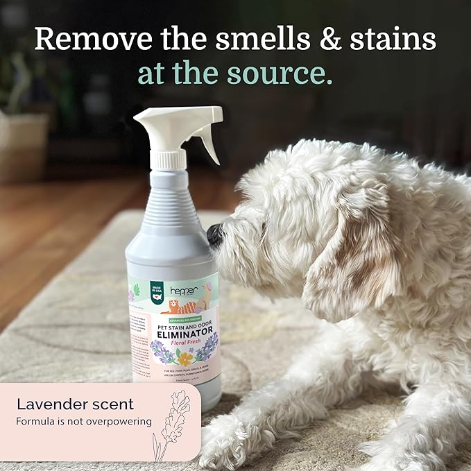 Hepper Advanced Bio-Enzyme Pet Stain & Odor Eliminator Spray - Smell, Stain & Urine Remover for Cats, Dogs & Other Animals - 32oz Spray Safe for the Home - Floral Fresh
