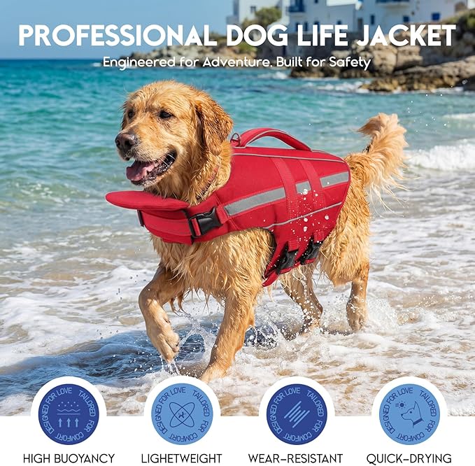 ASENKU Removable Front Float Dog Life Jacket, High Buoyancy Dog Life Vest with Reflective Strips & Rescue Handle for Swimming & Boating, Adjustable Life Jacket for Dogs(Red 2XL)