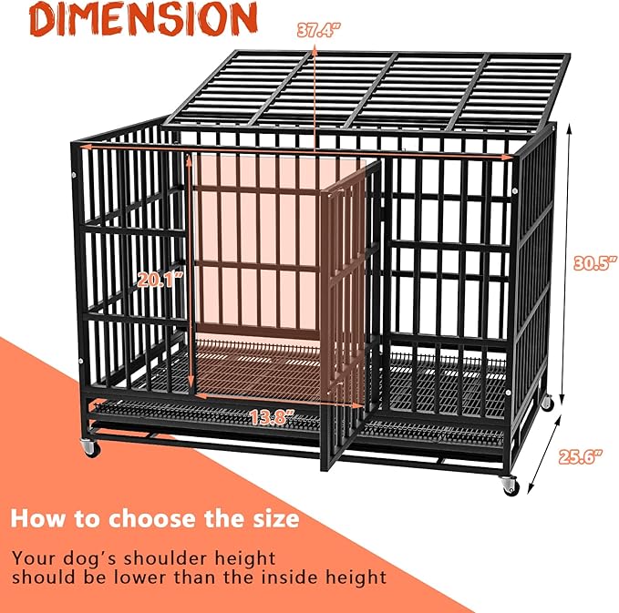 LEMBERI 38 inch Heavy Duty Indestructible Dog Crate, Escape Proof Dog Cage Kennel with Lockable Wheels,High Anxiety Double Door Dog Crate,Extra Large Crate Indoor for Large Dog with Removable Tray