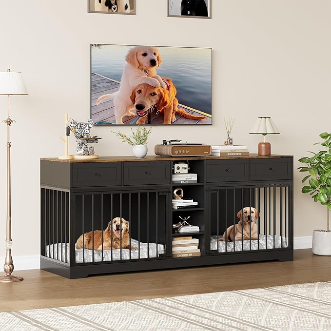 GAOMON Dog Crate Furniture for 2 Dogs, 82'' Large Dog Kennel Indoor with 4 Storage Drawers and 4 Shelves, Double Dog Crate TV Stand for Medium and Large Dogs, Black