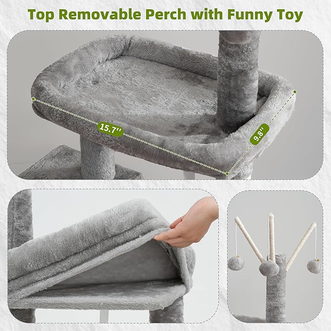 Cat Tree for Indoor Cats, Cat Tower with Scratching Post for Small Cats and Kittens, Cat House with Removable Top Platform and Fluffy Balls, Hanging Cat Basket, Light Gray GCT006SW