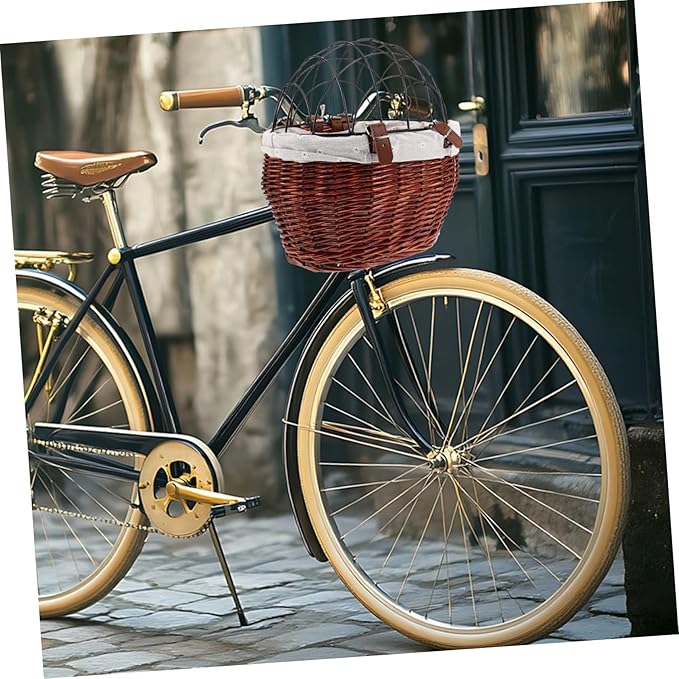 Wicker Dog Bicycle Carrier Detachable Front Bike Basket for Pets Stylish Rattan Storage with Wire Mesh Cover for Shopping and Commuting