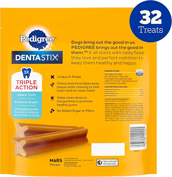 Pedigree Dentastix Large Dog Treats, Original Flavor with Real Chicken, 1.66 lb. Bag (32 Treats Total)