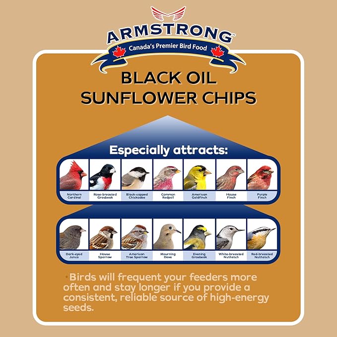 Armstrong Wild Bird Food Black Oil Sunflower Chips, 13 Pounds - for Northern Cardinals, American Goldfinches and Black-Capped Chickadees - Ideal for Outside Feeders
