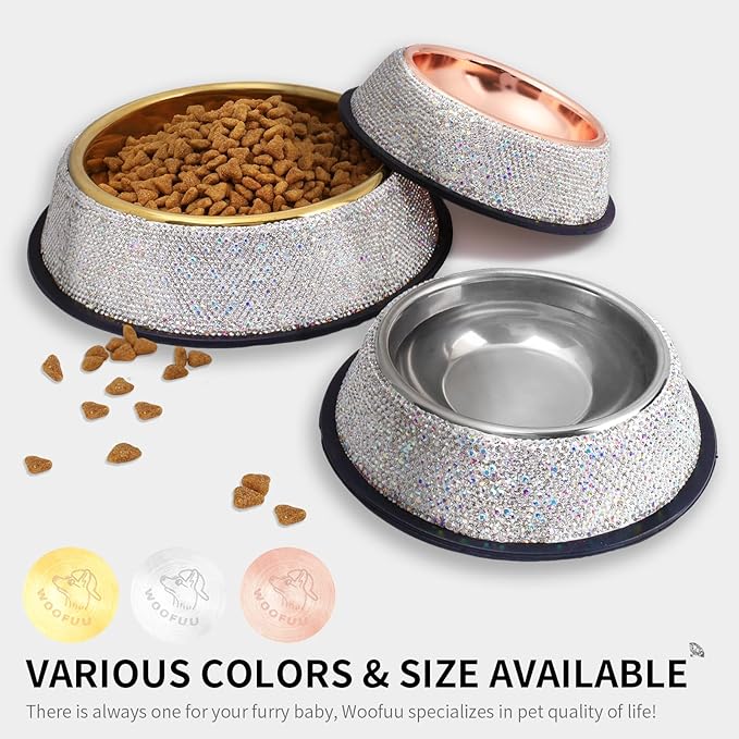 Sparkly Full Rhinestones Designed Gold Stainless Steel Pet Bowl - Stylish and Practical Diamond Food Water Dishes Bowls for Small Medium Large Dogs Cats Rabbits