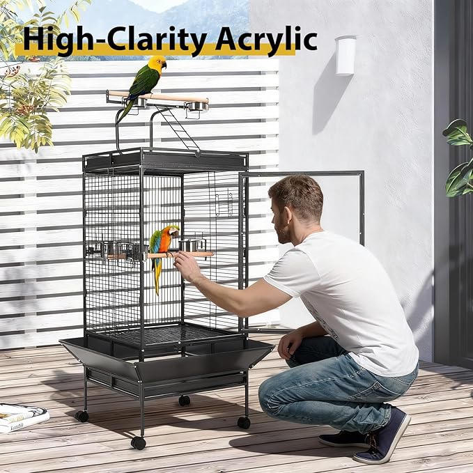 Heavy-Duty 68'' Wrought Iron Parrot Cage – Acrylic Door, 360° Rolling Stand, Perches, Stainless Steel Bowls, Escape-Proof, Easy Clean – Spacious Aviary for Macaws, Cockatoos, African Greys,