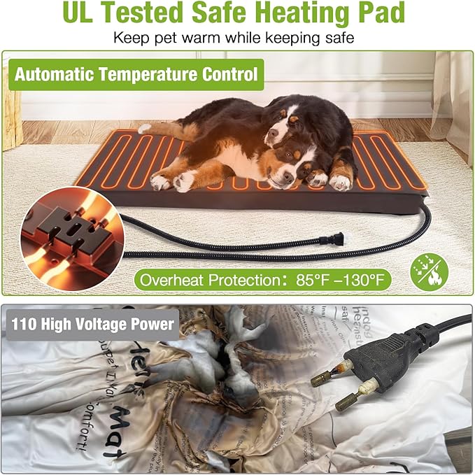 GUTINNEEN 44.6" L Large Heated Dog House Outdoor Insulated Winter Dog Kennel with Thermostat-Controlled Heating Pad, Chew-Proof Metal Frame and 6-Sided Insulated Liner for Large Dogs, Brown