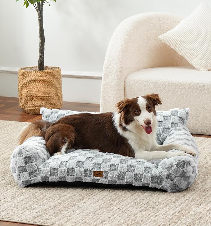 Made4Pets Dog Couch Bed, Soft Faux Fur Checkered Indoor Pet Sofa, Comfortable Fluffy Dog Sofa with Supportive Foam, Removable Washable Cover with Non-Slip Base, Grey, Large