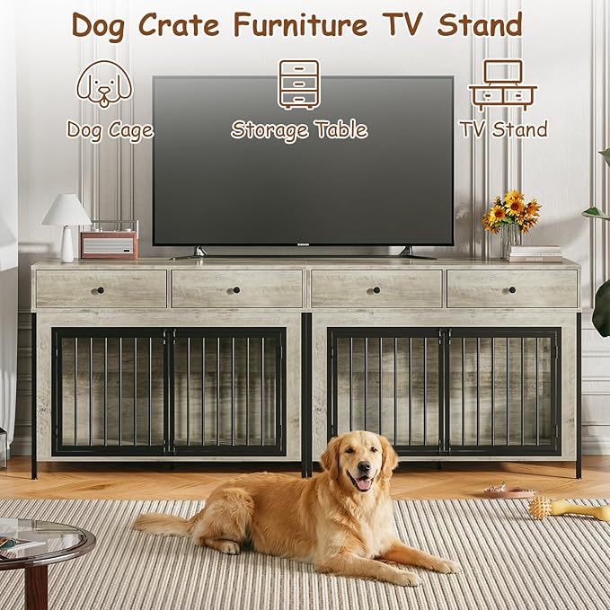 PUKAMI 44inch Large Dog Crate Furniture with Drawers, Wooden Dog Kennel Furniture for Indoor use, Grey End Table Dog House, for Small/Medium/Large Dog