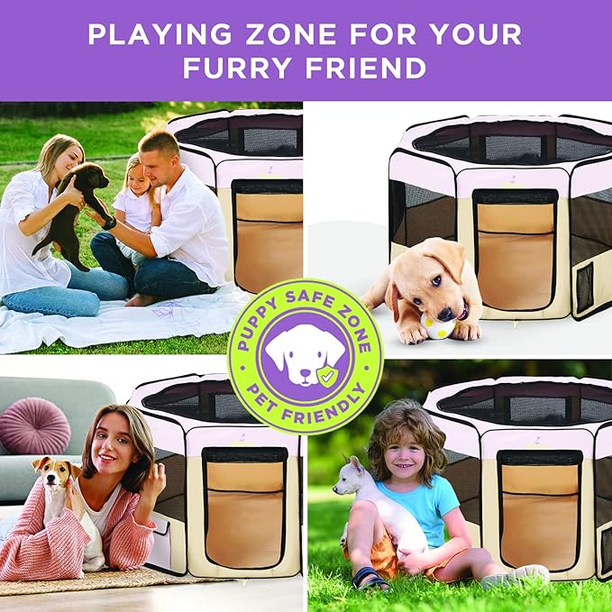 Zampa Puppy Pop Up Portable Playpen for Dog and Cat, Foldable | Indoor/Outdoor Kitten Pen & Travel Pet Carrier + Carrying Case (Pink, Extra Small (29"x29"x17"))