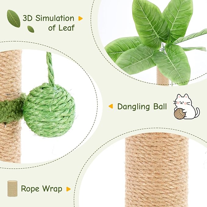 Sweetcrispy 33" Cat Scratching Post for Indoor Cats, Cat Scratcher Scratching Posts with Dangling Ball for Adult, Palm Tree Cat Scratch Post for Kittens, Green