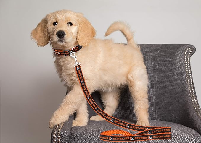 Pets First NFL Licensed Cleveland Browns 𝙿et Leash, Size Medium – Durable Satin Dog & Cat Walking Strap and Pet Tether with Embroidered Team Name & Logo