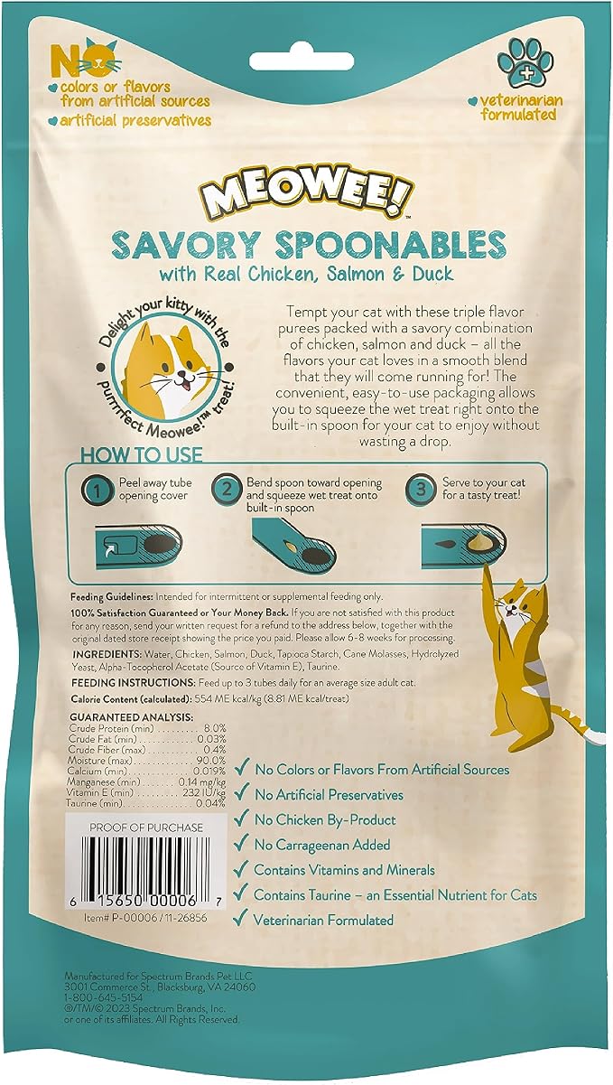Savory Spoonables with Real Chicken, Salmon and Duck for Cats, 8 Count, Treat Your Cat to Triple Flavor Squeezable Lickable Wet Treats with Built-in Spoon for Less Mess (Pack of 2)