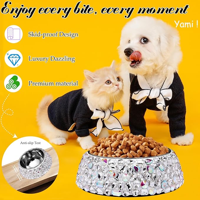 SlowVibes Diamond Stainless Steel Dog Bowls,Bling 7oz Detachable Metal Food Water Bowl for Feeding Dogs Cats,Rust Resistant Non-Slip Puppy Dish,Sparkle Essentials Fancy Dish for Small Girl Pets