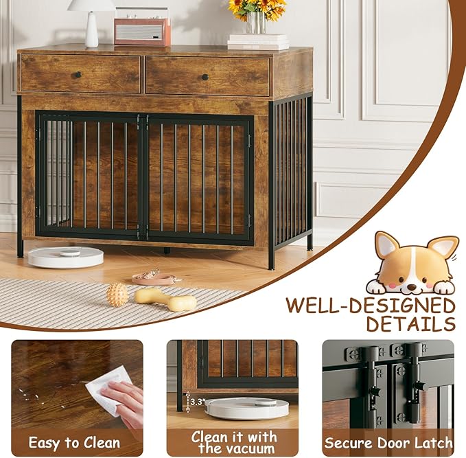 PUKAMI 44inch Large Dog Crate Furniture with Drawers, Wooden Dog Kennel Furniture for Indoor use, Brown End Table Dog House, for Small/Medium/Large Dog