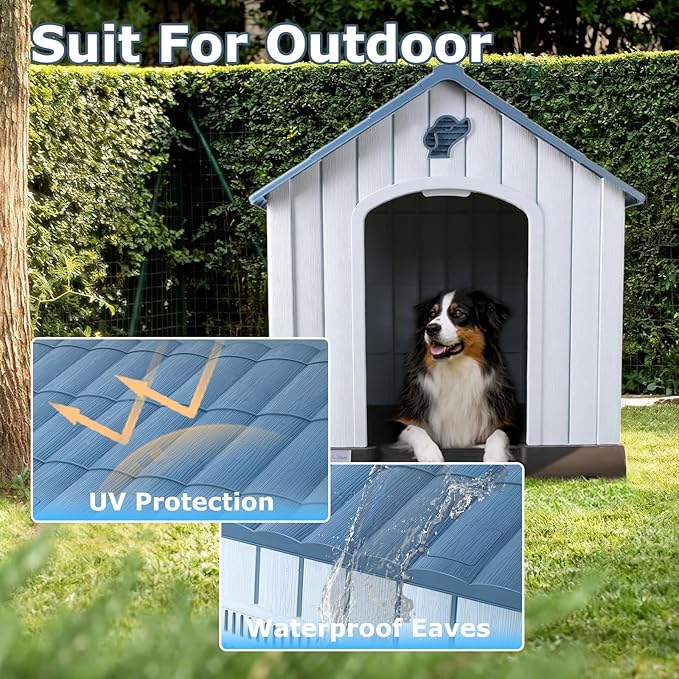 LEMBERI Plastic Dog House for Medium Dogs, Durable Waterproof Indoor Outdoor Doghouse with Air Vents and Elevated Floor, Easy to Assemble (Light Blue, 33.5" L x 31.5" W x 33.9" H)