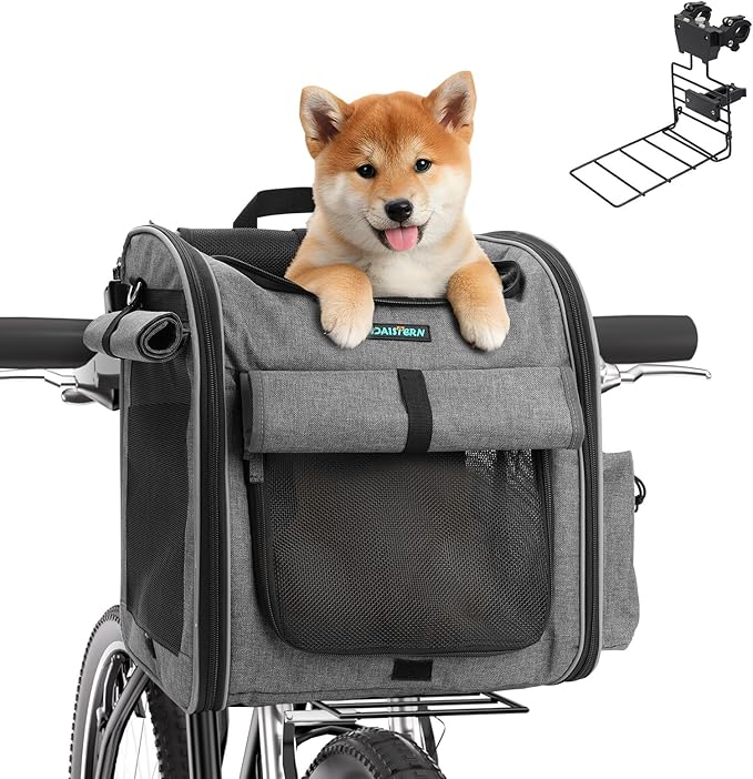 Dog Bike Front Basket, 4 in 1 Foldable Pet Backpack/Shoulder Bag/Auto Seat with Heavy-Duty L-Shaped Mount Φ3.15 in, Waterproof Cushion & Reflective Strips, Supports Up to 22lbs