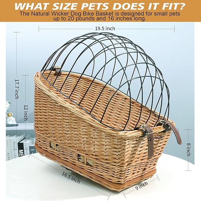 Rear Bike Basket for Dogs, Wicker Pet Bicycle Carrier for Small Dog Cat with Protective Grille Liner Eco Friendly Natural Rattan Doggy Back Luggage Rack Seat (Brown Style1)