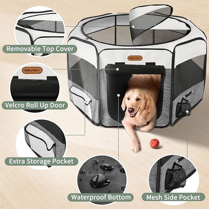Dog Playpen, Portable Pet Playpen, Puppy Playpen, Cat Playpen with Carrying Case, Dog Playpen for Small Dogs Indoor/ Outdoor, Removable Mesh Shade Cover