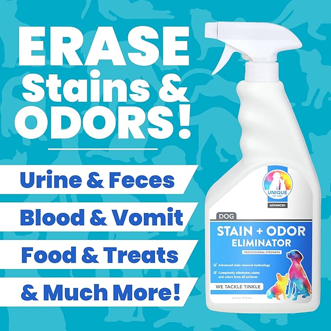 Unique Advanced Dog Odor + Stain Remover - 24 oz. Ready-to-Use Liquid Spray - Bio-Enzymatic Formula Quickly Eliminates Dog Stains and Removes Pet Odors